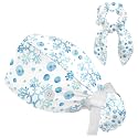 Adjustable Winter Blue Snowflake Surgical Scrub Cap with Button, Ponytail Pouch, Sweatband for Women with Bow Hair Scrunchy