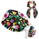 Sugar Skull Dia de Muertos Adjustable Women Working Cap with Bow Hair Scrunchy, Bouffant Hat with Buttons