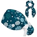Adjustable Winter Blue Snowflake Surgical Scrub Cap with Button, Ponytail Pouch, Sweatband for Women with Bow Hair Scrunchy