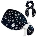 Adjustable Winter Blue Snowflake Surgical Scrub Cap with Button, Ponytail Pouch, Sweatband for Women with Bow Hair Scrunchy