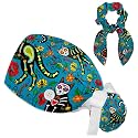 Sugar Skull Black Cats Scrub Cap, Adjustable Tie Back Hat, One Size Working Head Cover for Women Long Hair for Woman