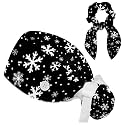 Adjustable Winter Blue Snowflake Surgical Scrub Cap with Button, Ponytail Pouch, Sweatband for Women with Bow Hair Scrunchy