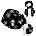 Adjustable Winter Blue Snowflake Surgical Scrub Cap with Button, Ponytail Pouch, Sweatband for Women with Bow Hair Scrunchy