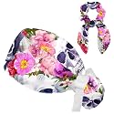 Adjustable Winter Blue Snowflake Surgical Scrub Cap with Button, Ponytail Pouch, Sweatband for Women with Bow Hair Scrunchy