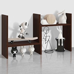 adjustable wooden desktop bookshelf expandable office storage rack modern rectangular design engineered wood glossy finish brown