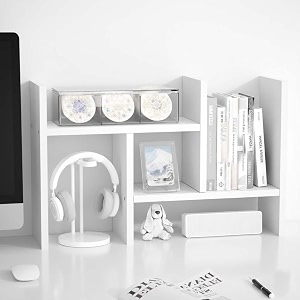 adjustable wooden desktop bookshelf expandable office storage rack modern rectangular design engineered wood glossy finish white