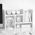 Adjustable Wooden Desktop Bookshelf, Expandable Office Storage Rack, Modern Rectangular Design, Engineered Wood, Glossy Finish (White)