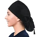 Scrub Cap for Women, Bouffant Nurse Cap with Sweatband and Buttons, Adjustable Surgical Hat for Curly Hair, Braids, Long Hair and Buns, Black