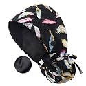 Satin Lined Scrub Cap for Women, Bouffant Nurse Cap with Sweatband and Buttons, Adjustable Surgical Hat for Curly Hair, Braids, Long Hair and Buns, Feather Black
