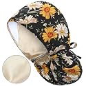 Satin Lined Scrub Cap for Women, Bouffant Nurse Cap with Sweatband and Buttons, Adjustable Surgical Hat for Curly Hair, Braids, Long Hair and Buns, Saucy Daisy