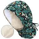 Satin Lined Scrub Cap for Women, Bouffant Nurse Cap with Sweatband and Buttons, Adjustable Surgical Hat for Curly Hair, Braids, Long Hair and Buns, Flowers Black