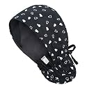 Satin Lined Scrub Cap for Women, Bouffant Nurse Cap with Sweatband and Buttons, Adjustable Surgical Hat for Curly Hair, Braids, Long Hair and Buns, Tooth Black