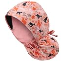 Satin Lined Scrub Cap for Women, Bouffant Nurse Cap with Sweatband and Buttons, Adjustable Surgical Hat for Curly Hair, Braids, Long Hair and Buns, Doggy Pink