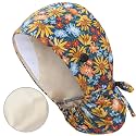 Satin Lined Scrub Cap for Women, Bouffant Nurse Cap with Sweatband and Buttons, Adjustable Surgical Hat for Curly Hair, Braids, Long Hair and Buns, Sunflower Blue