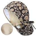 Satin Lined Scrub Cap for Women, Bouffant Nurse Cap with Sweatband and Buttons, Adjustable Surgical Hat for Curly Hair, Braids, Long Hair and Buns, Blossom Black