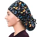 Satin Lined Scrub Cap for Women, Bouffant Nurse Cap with Sweatband and Buttons, Adjustable Surgical Hat for Curly Hair, Braids, Long Hair and Buns, Butterfly