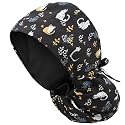 Satin Lined Scrub Cap for Women, Bouffant Nurse Cap with Sweatband and Buttons, Adjustable Surgical Hat for Curly Hair, Braids, Long Hair and Buns, Kitty Black