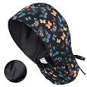 Satin Lined Scrub Cap for Women, Bouffant Nurse Cap with Sweatband and Buttons, Adjustable Surgical Hat for Curly Hair, Braids, Long Hair and Buns, Butterfly
