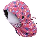 Satin Lined Scrub Cap for Women, Bouffant Nurse Cap with Sweatband and Buttons, Adjustable Surgical Hat for Curly Hair, Braids, Long Hair and Buns, Crayon Cat