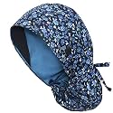 Satin Lined Scrub Cap for Women, Bouffant Nurse Cap with Sweatband and Buttons, Adjustable Surgical Hat for Curly Hair, Braids, Long Hair and Buns, Blue Floret