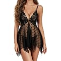 ADOME Lingerie for Women Front Closure Lace Babydoll Chemise with Thong