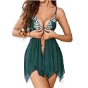 ADOME Lingerie for Women Front Closure Lace Babydoll Chemise with Thong