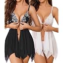ADOME Lingerie for Women Front Closure Lace Babydoll Chemise with Thong