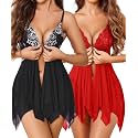 ADOME Lingerie for Women Front Closure Lace Babydoll Chemise with Thong