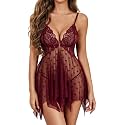 ADOME Lingerie for Women Front Closure Lace Babydoll Chemise with Thong