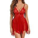 ADOME Lingerie for Women Front Closure Lace Babydoll Chemise with Thong