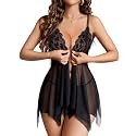 ADOME Lingerie for Women Front Closure Lace Babydoll Chemise with Thong