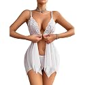 ADOME Lingerie for Women Front Closure Lace Babydoll Chemise with Thong