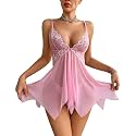ADOME Lingerie for Women Front Closure Lace Babydoll Chemise with Thong