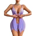 ADOME Lingerie for Women Front Closure Lace Babydoll Chemise with Thong