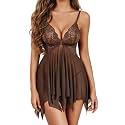ADOME Lingerie for Women Front Closure Lace Babydoll Chemise with Thong