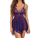 ADOME Lingerie for Women Front Closure Lace Babydoll Chemise with Thong