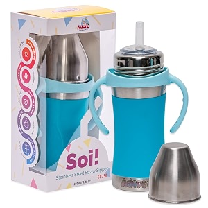 adore soi stainless steel straw bottle with sleeve with handle 250ml blue