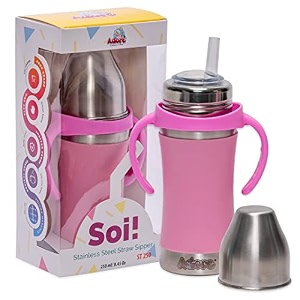 adore soi stainless steel straw bottle with sleeve with handle 250ml pink