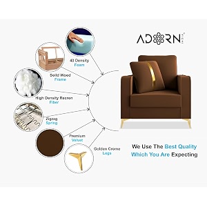 adorn india premium chandler - 3 years warranty - 1 seater sofa velvet suede fabric - brown