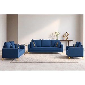 adorn india premium chandler - 3 years warranty - 321 sofa set velvet suede fabric - blue