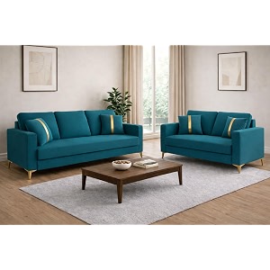 adorn india premium chandler - 3 years warranty - 32 sofa set velvet suede fabric - aqua blue