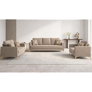 adorn india premium chandler - 3 years warranty - 321 sofa set velvet suede fabric - beige