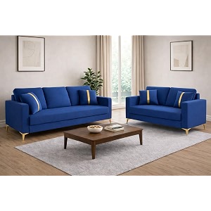 adorn india premium chandler - 3 years warranty - 32 sofa set velvet suede fabric - blue
