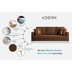 adorn india premium chandler - 3 years warranty - 3 seater sofa velvet suede fabric - brown