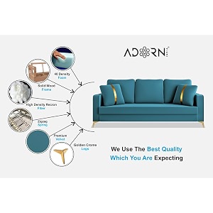 adorn india premium chandler - 3 years warranty - 3 seater sofa velvet suede fabric - aqua blue