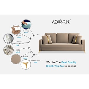 adorn india premium chandler - 3 years warranty - 3 seater sofa velvet suede fabric - beige