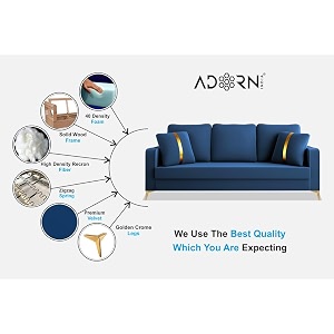 adorn india premium chandler - 3 years warranty - 3 seater sofa velvet suede fabric - blue
