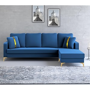 adorn india premium chandler - 3 years warranty - l shape 5 seater sofa set -rhs- velvet suede fabric - blue