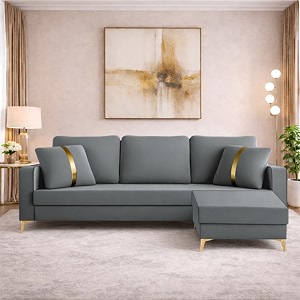 adorn india premium chandler - 3 years warranty - l shape 4 seater sofa set velvet suede fabric - grey