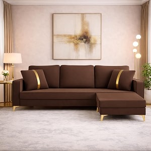 adorn india premium chandler - 3 years warranty - l shape 4 seater sofa set velvet suede fabric - brown